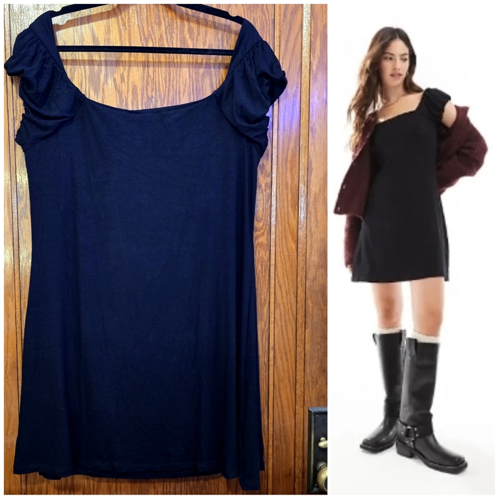 ASOS DESIGN Black Mini Dress Fluffy Cap Sleeves Shortsleeve Scoop Neck Size 14